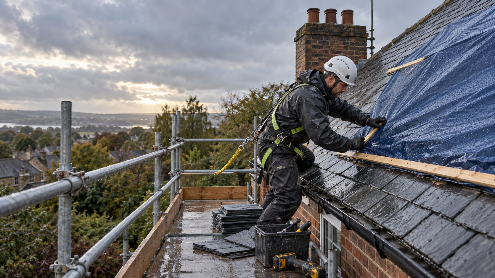 Roofer securing a tarpaulin during an emergency roof repair