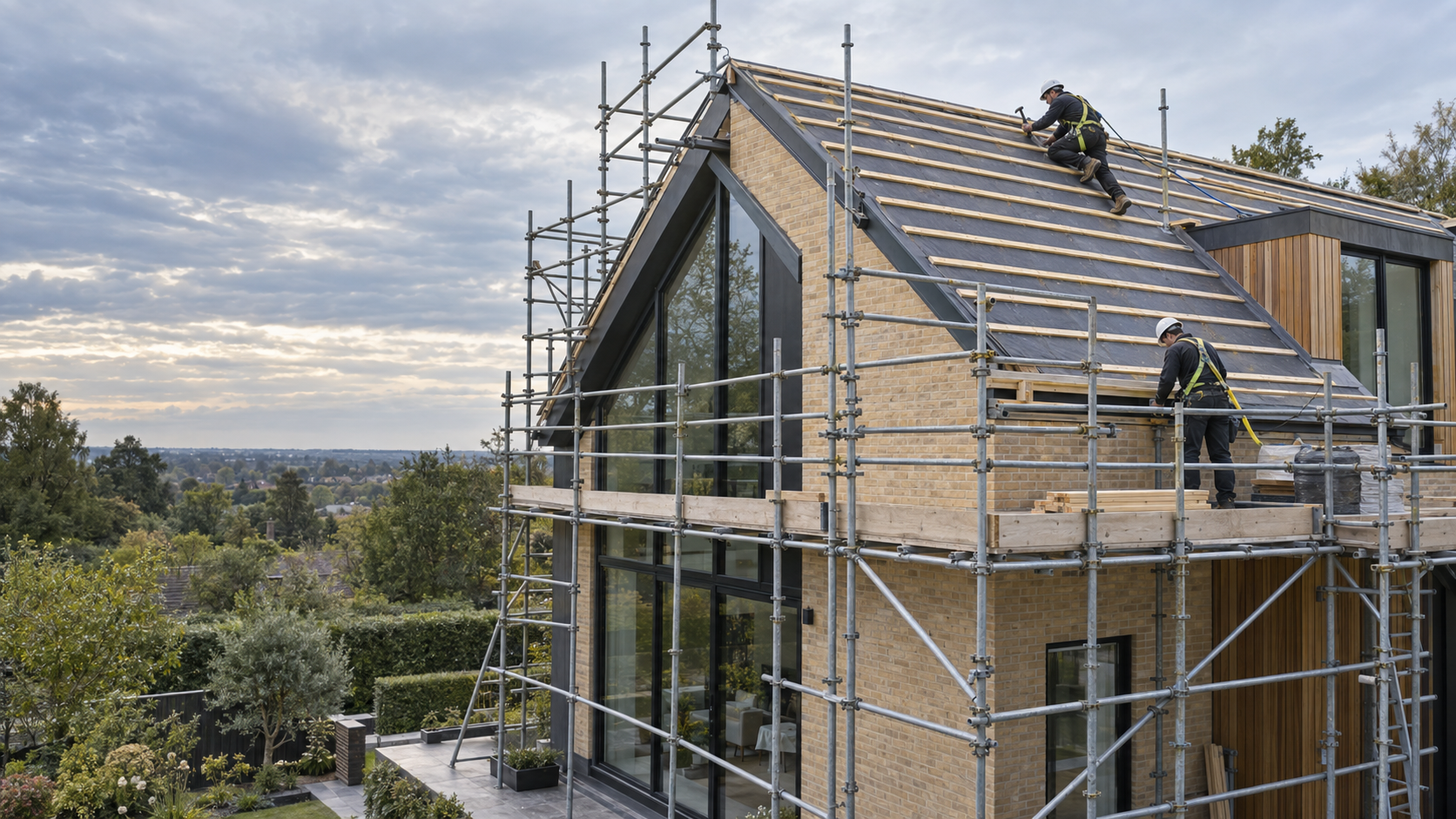 Roofers installing battens on a modern home