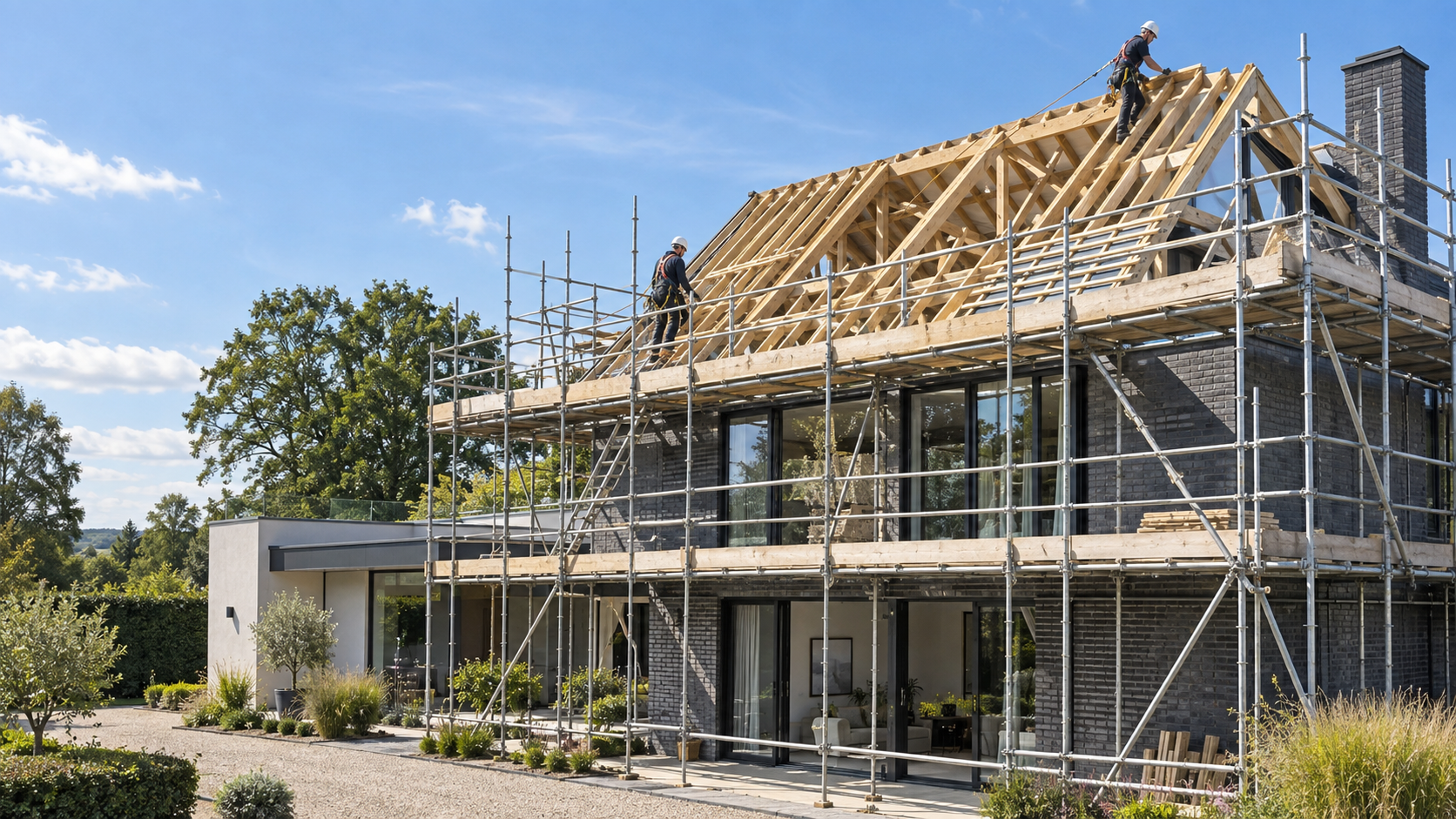 Timber roof framing being constructed