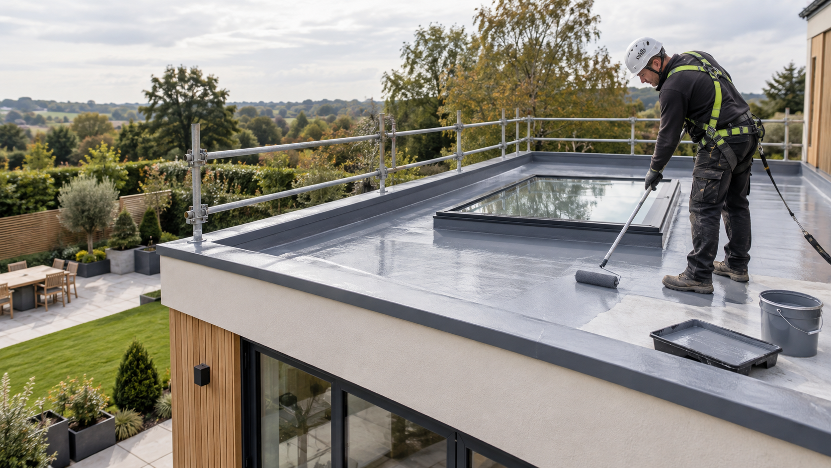 Roofer installing a flat roof membrane