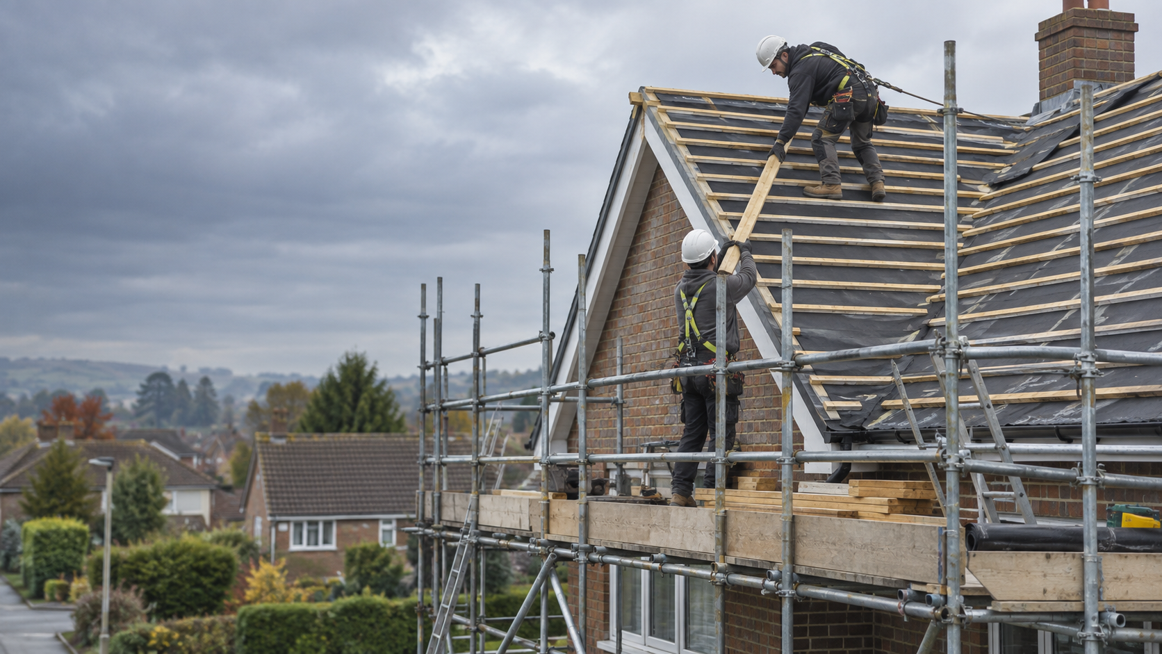 Roofers fitting battens on a scaffolded house