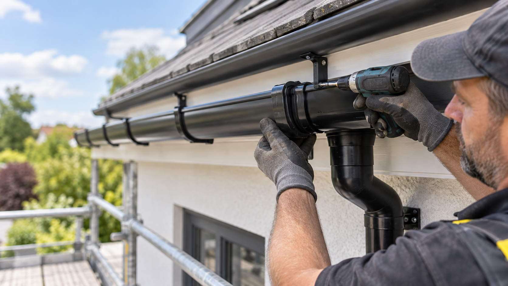 Roofer installing black guttering